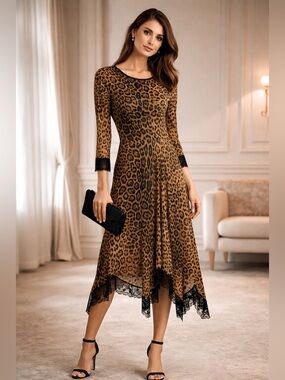 Fuzzi Leopard Print Mesh Dress Lace Trim Asymmetrical Hem Italian Designer S/M